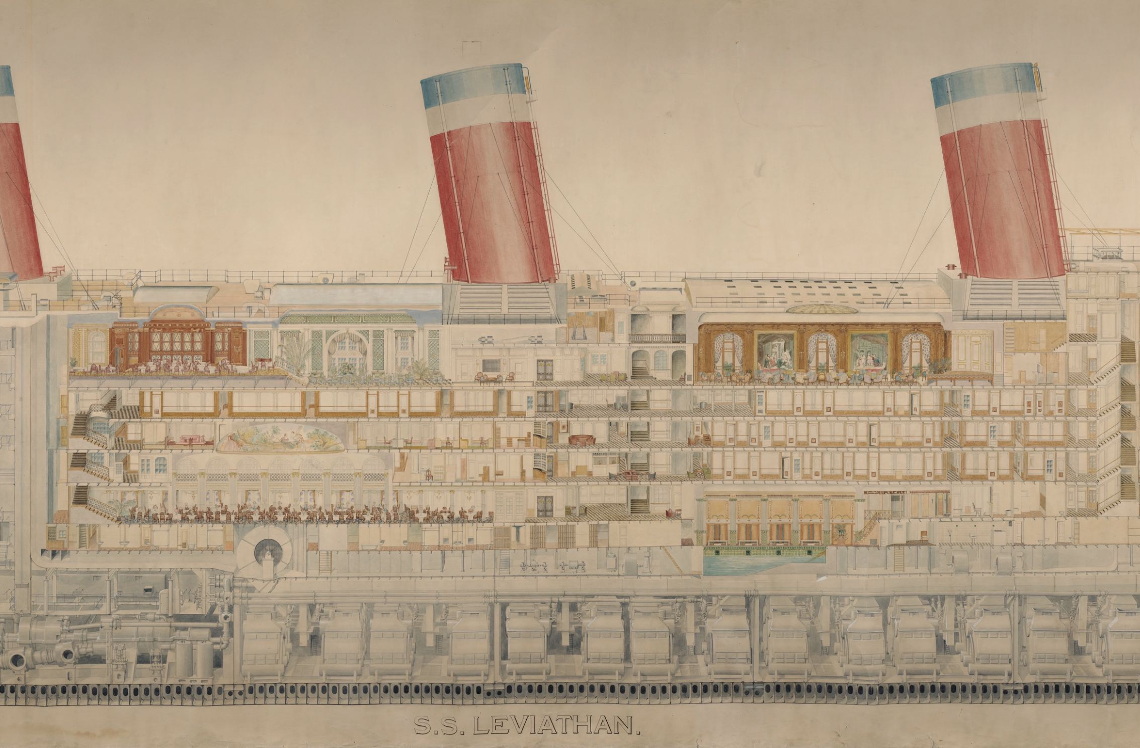 Midships sectional drawing of SS Leviathan showing major public rooms, upper decks, funnels, and machinery below