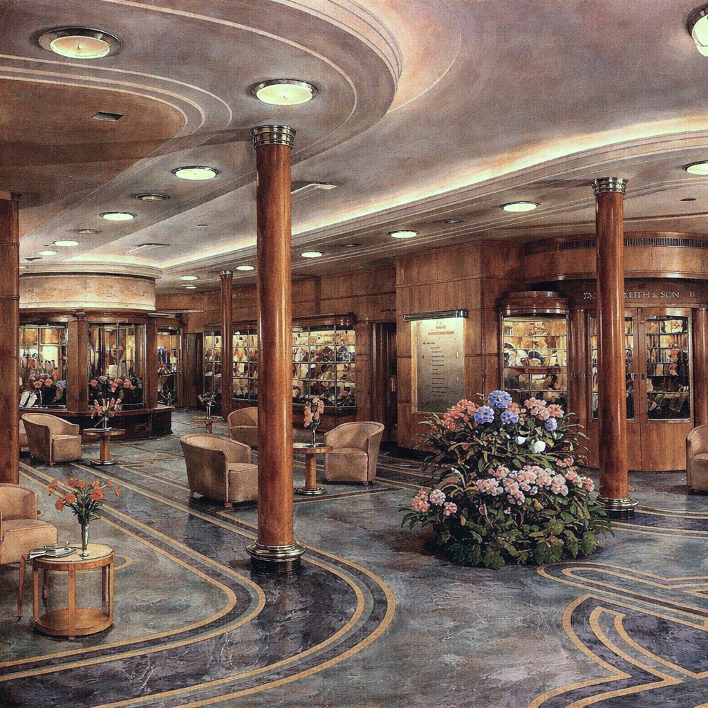 Entrance hall or major circulation space aboard RMS Queen Mary