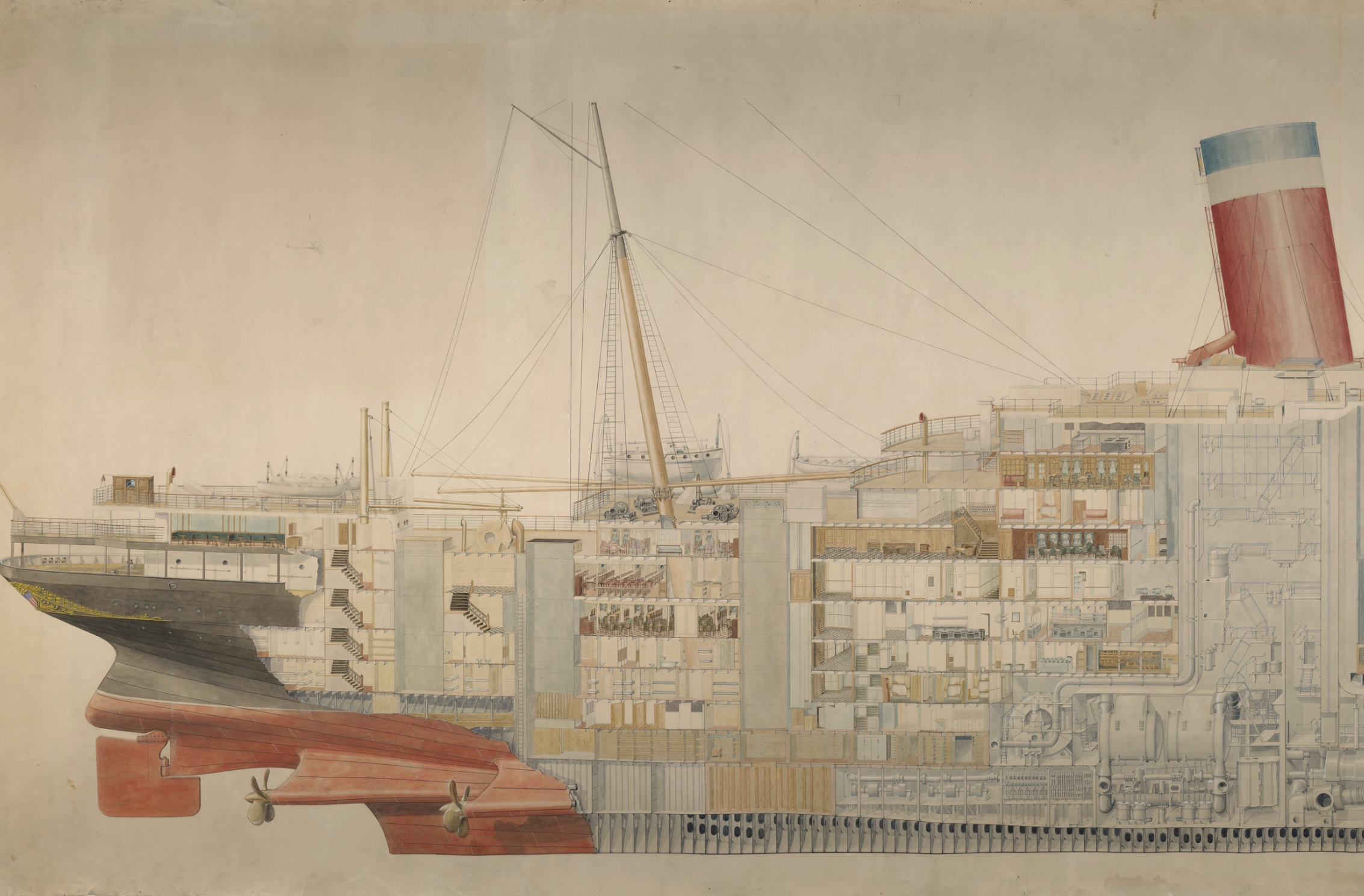 Aft sectional drawing of SS Leviathan showing rear passenger spaces, deck structure, boats, and stern profile