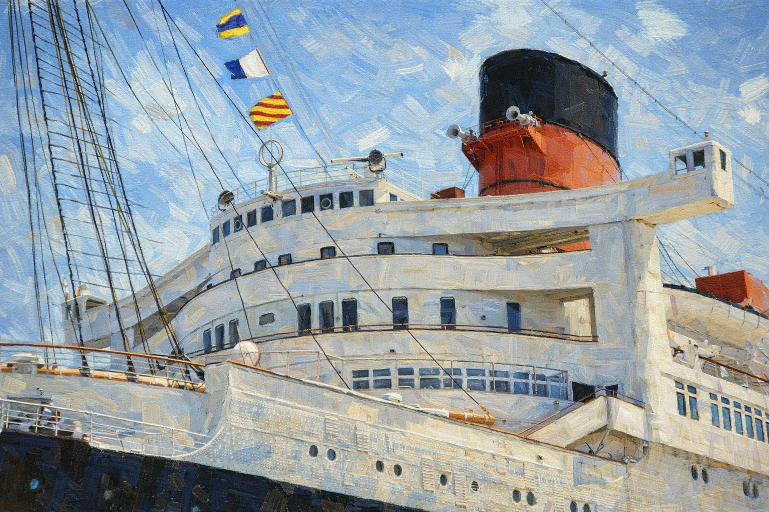 RMS Queen Mary seen in a dramatic closing image at the end of the page.