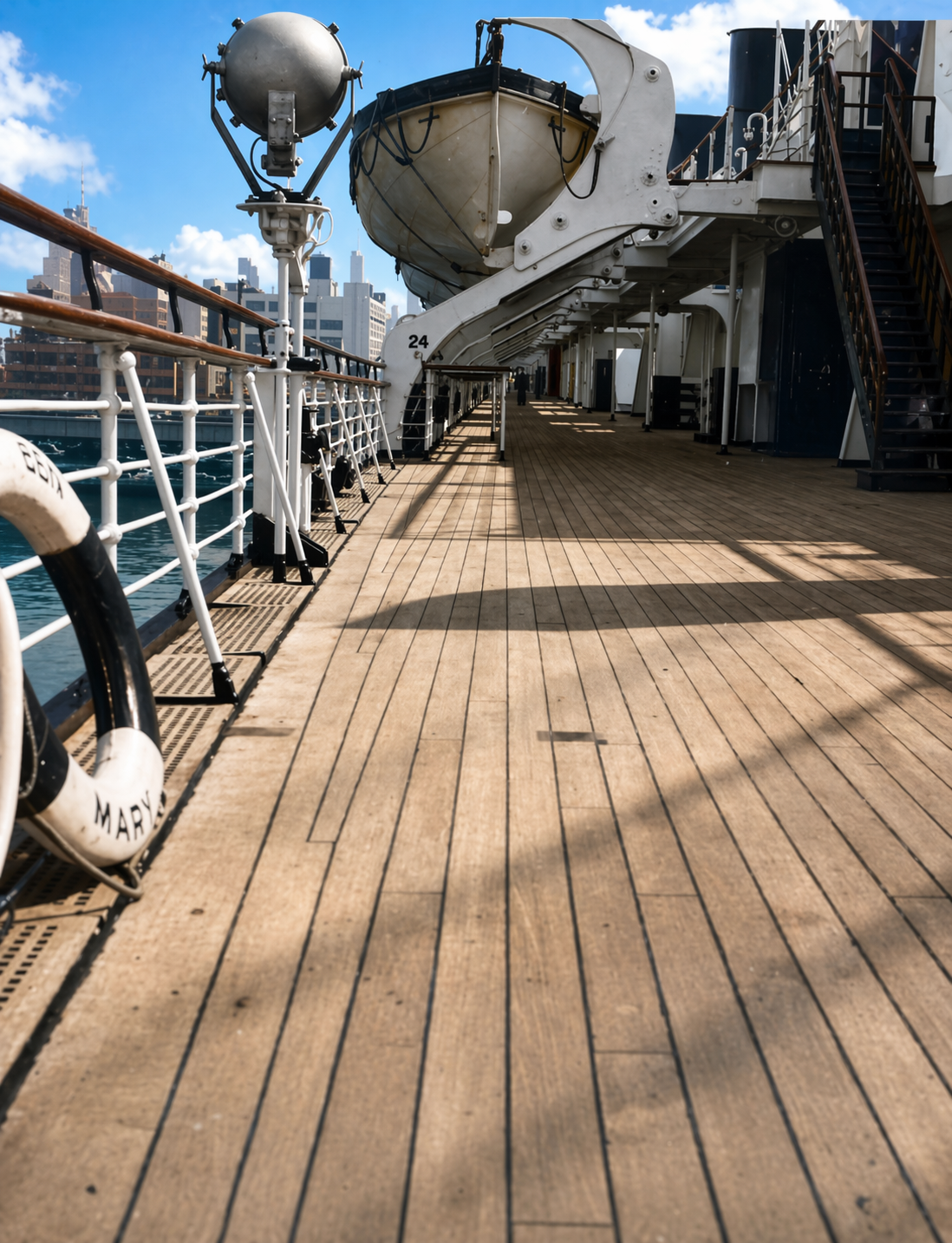 Deck view aboard RMS Queen Mary.