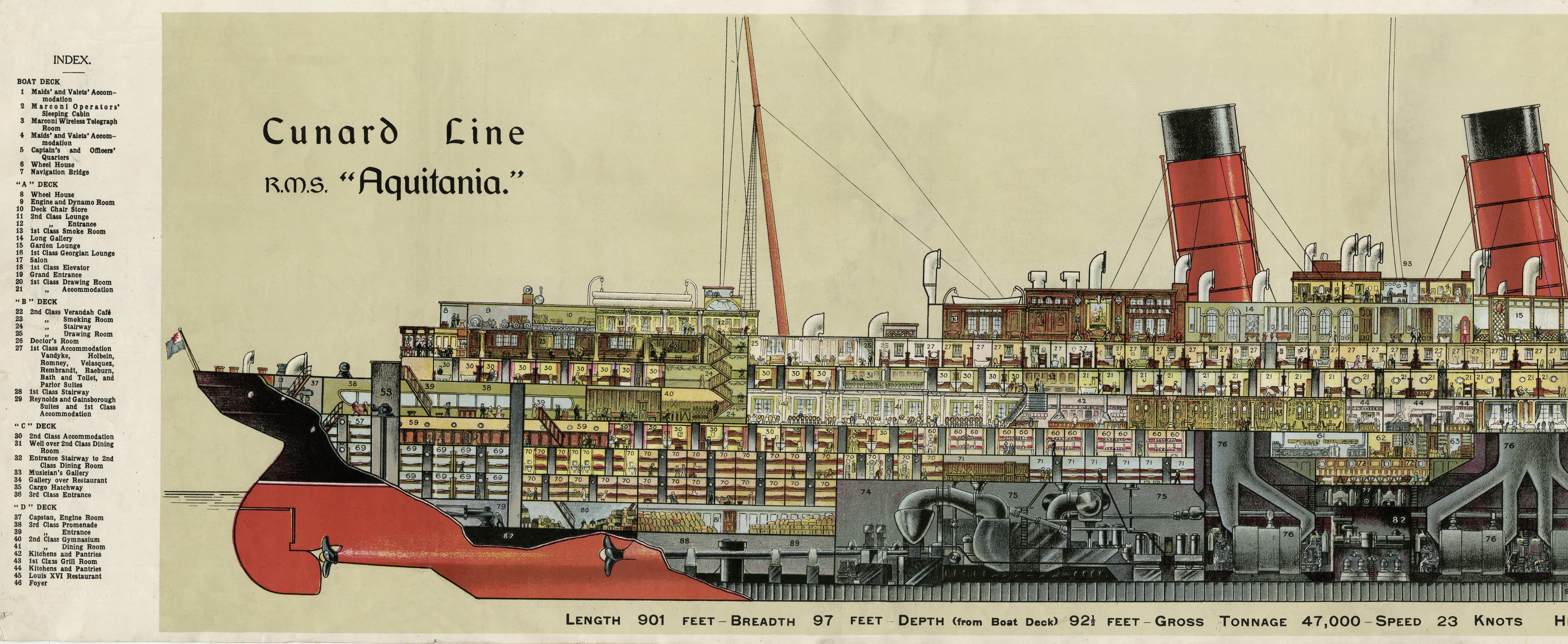 Second sectional cut-away drawing of RMS Aquitania showing passenger decks, public rooms, and machinery spaces
