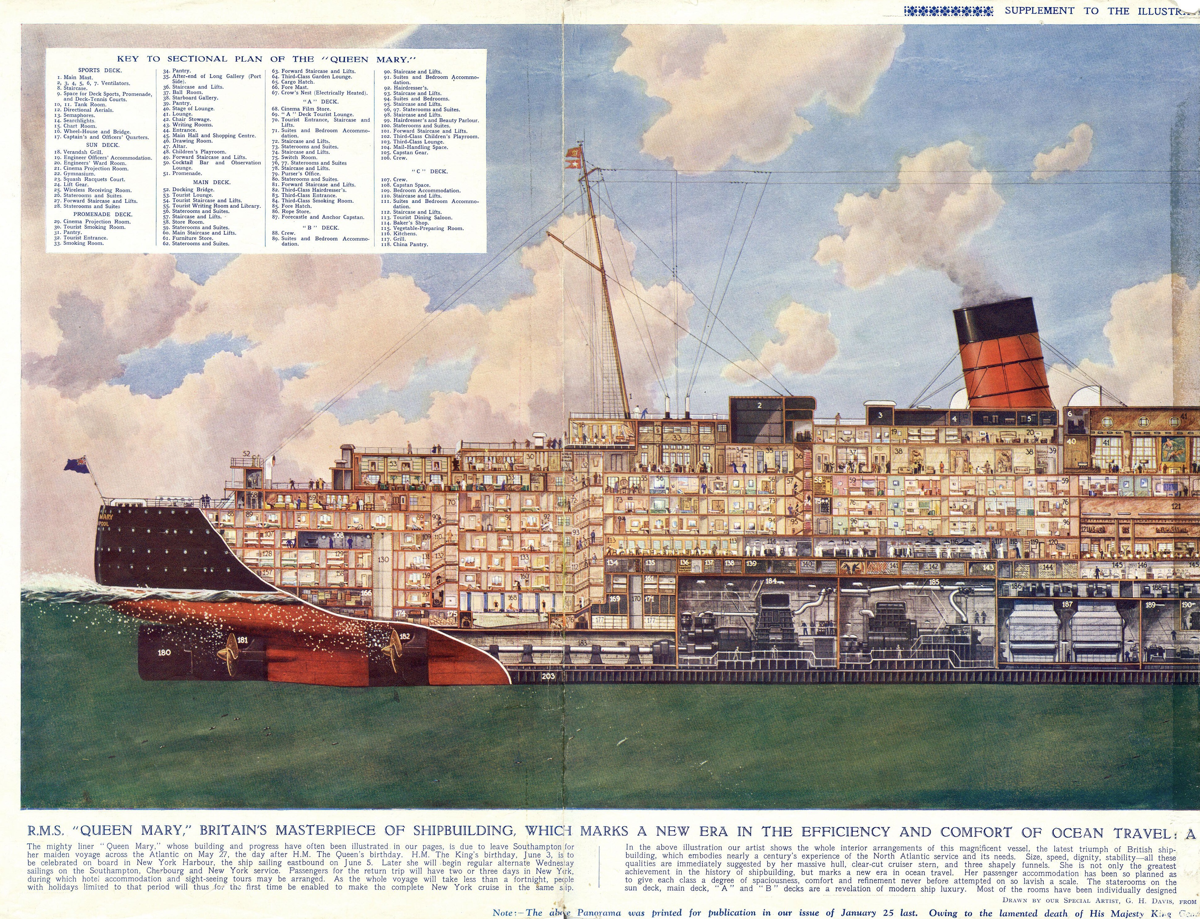 Second sectional cut-away drawing of RMS Queen Mary showing interior decks, public rooms, and machinery spaces