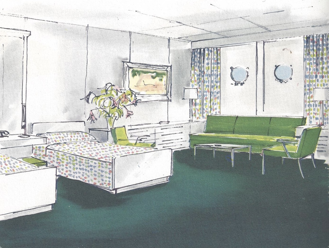 Stateroom accommodation aboard SS United States.